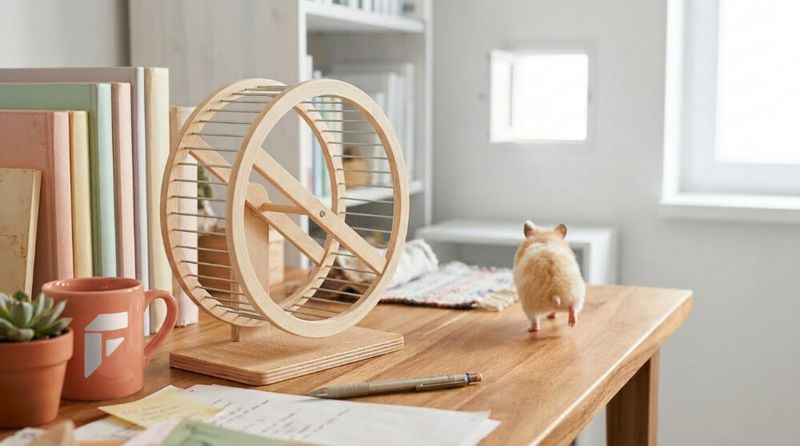 Hamster der an einem Hamsterrad vorbei läuft